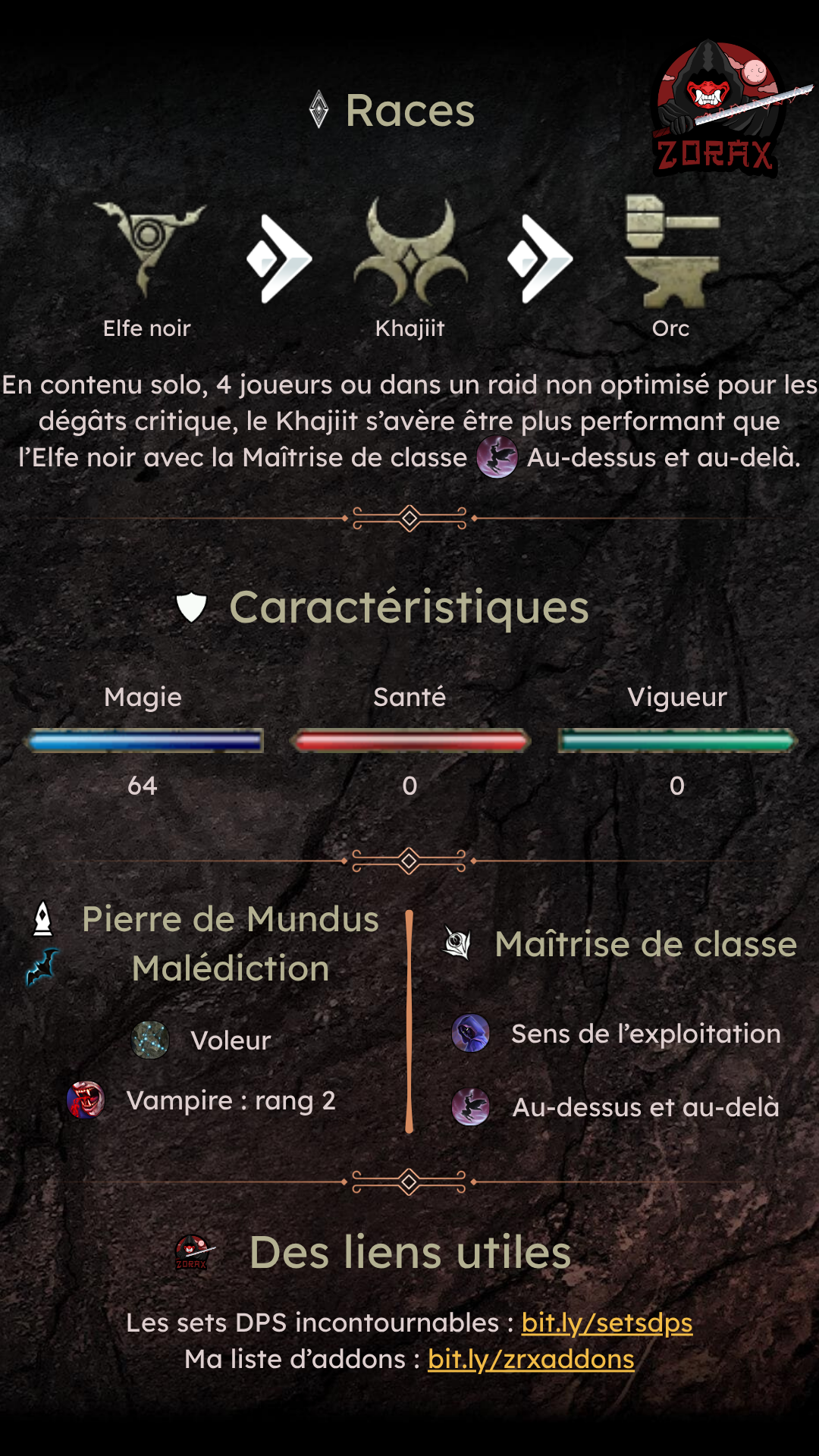 Fiche personnage Pur Lame noire Magie Vampire DPS PvE U50
