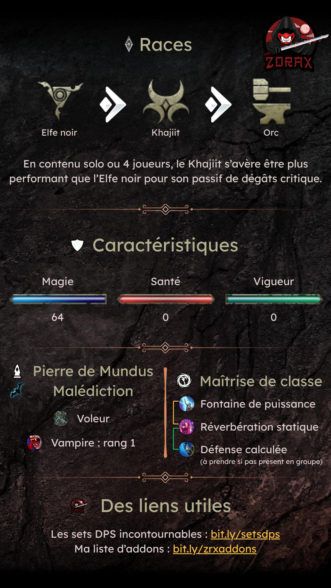 Fiche personnage Pur Sorcier Magie Vampire DPS PvE U50