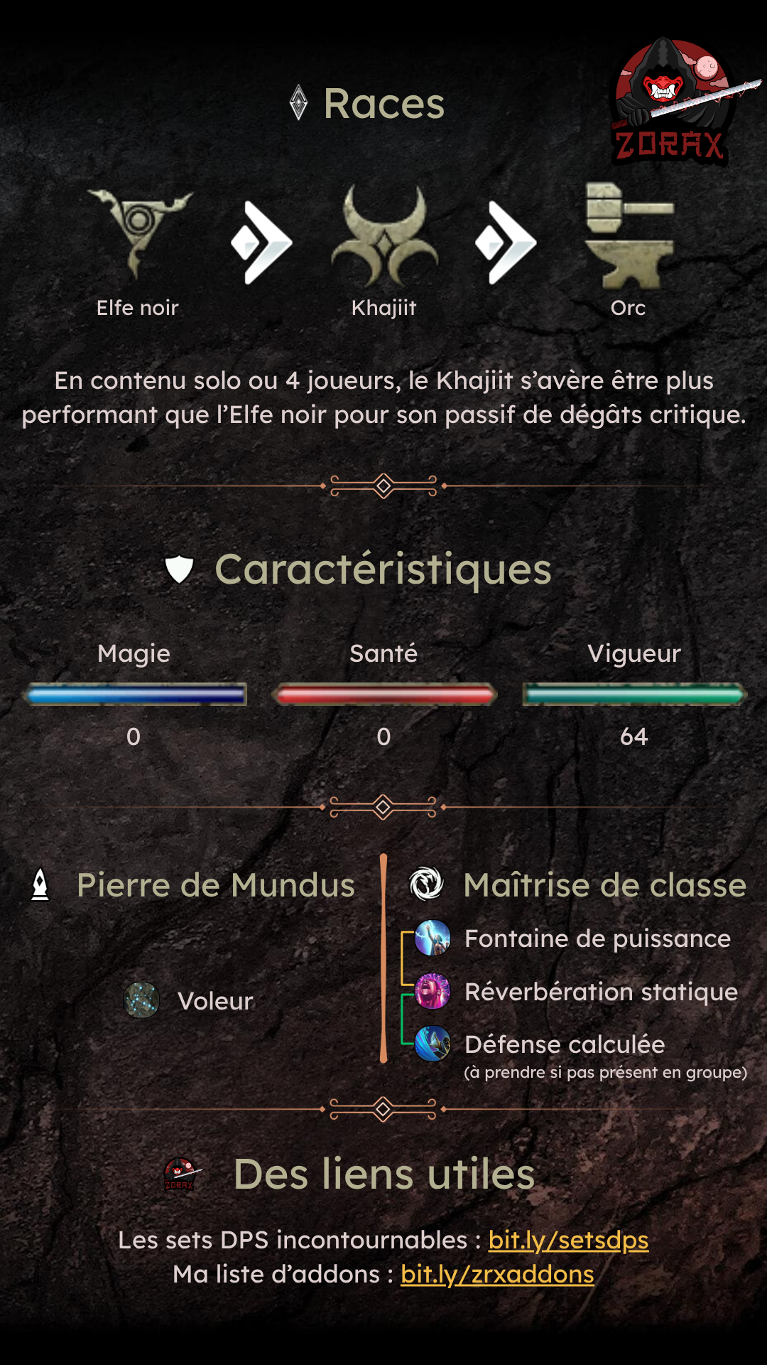 Fiche personnage Pur Sorcier Vigueur DPS PvE U50